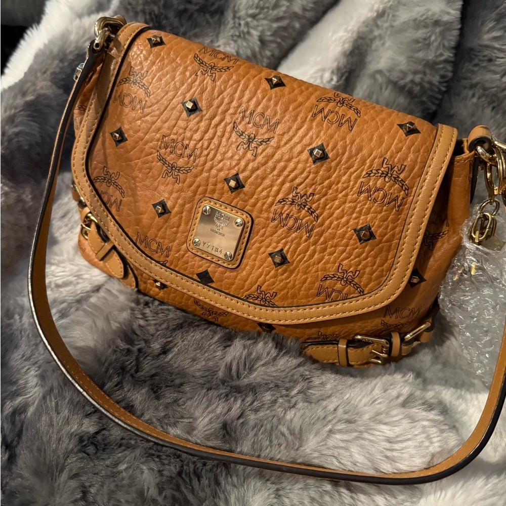 MCM Visetos Cognac Leather Shoulder Bag